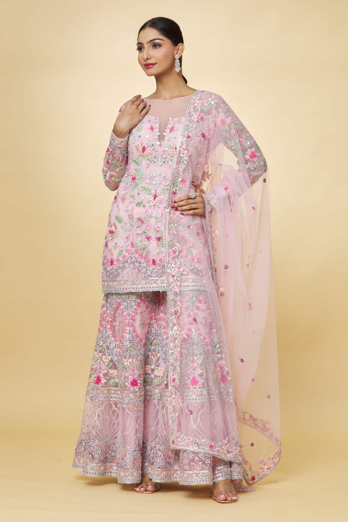 Priyaa Mirror Hand Embroidered Kurta Sharara Set