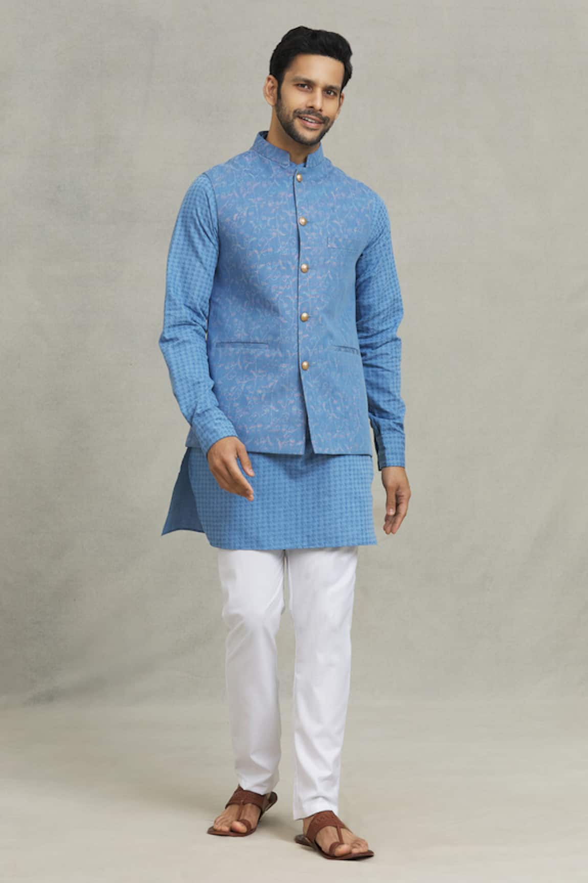 Spring Break Floral Woven Blue Bundi & Kurta Set 