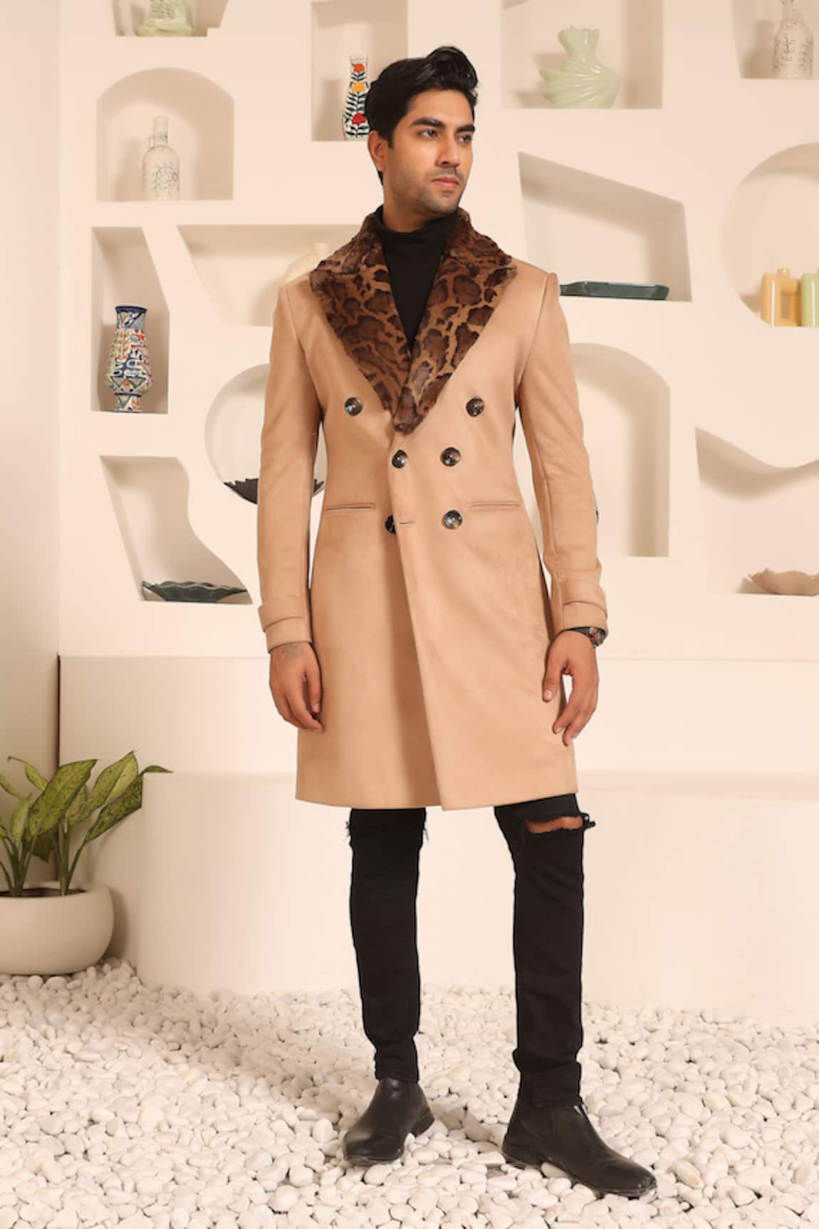 KUSTOMEYES Fur Lapel Collar Overcoat