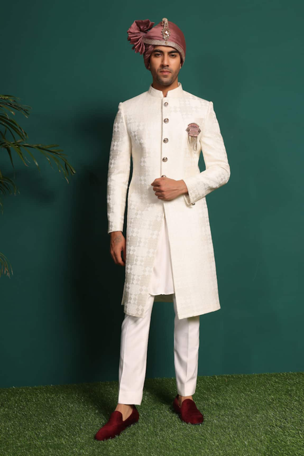 KUSTOMEYES Silk Kantha Work Sherwani Set