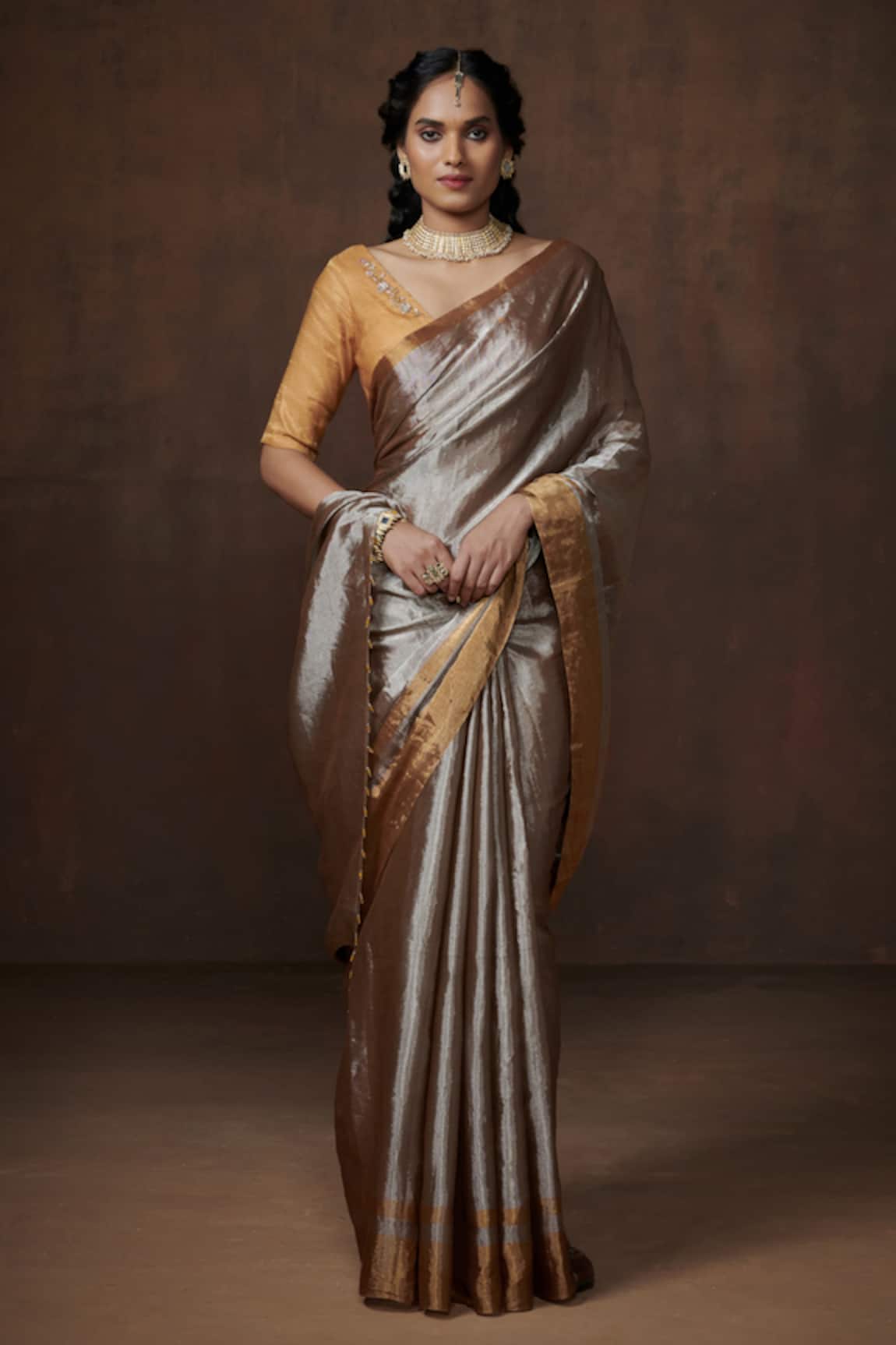 Dressfolk Tiasha Broad Stripe Border Handwoven Tissue Saree With Unstitched Blouse Fabric