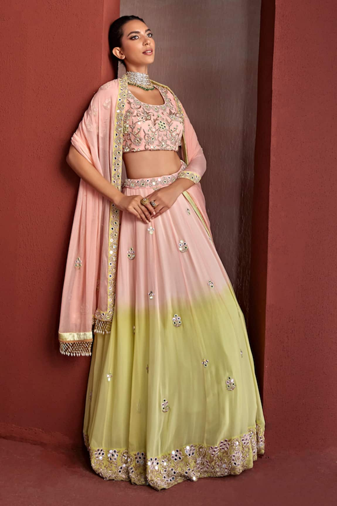 Tarini Vij Rabia Mirror Embellished Ombre Lehenga Set