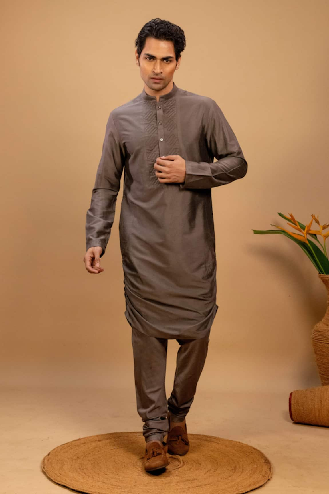 Agape Quilt Embroidered Placket Kurta & Churidar Set