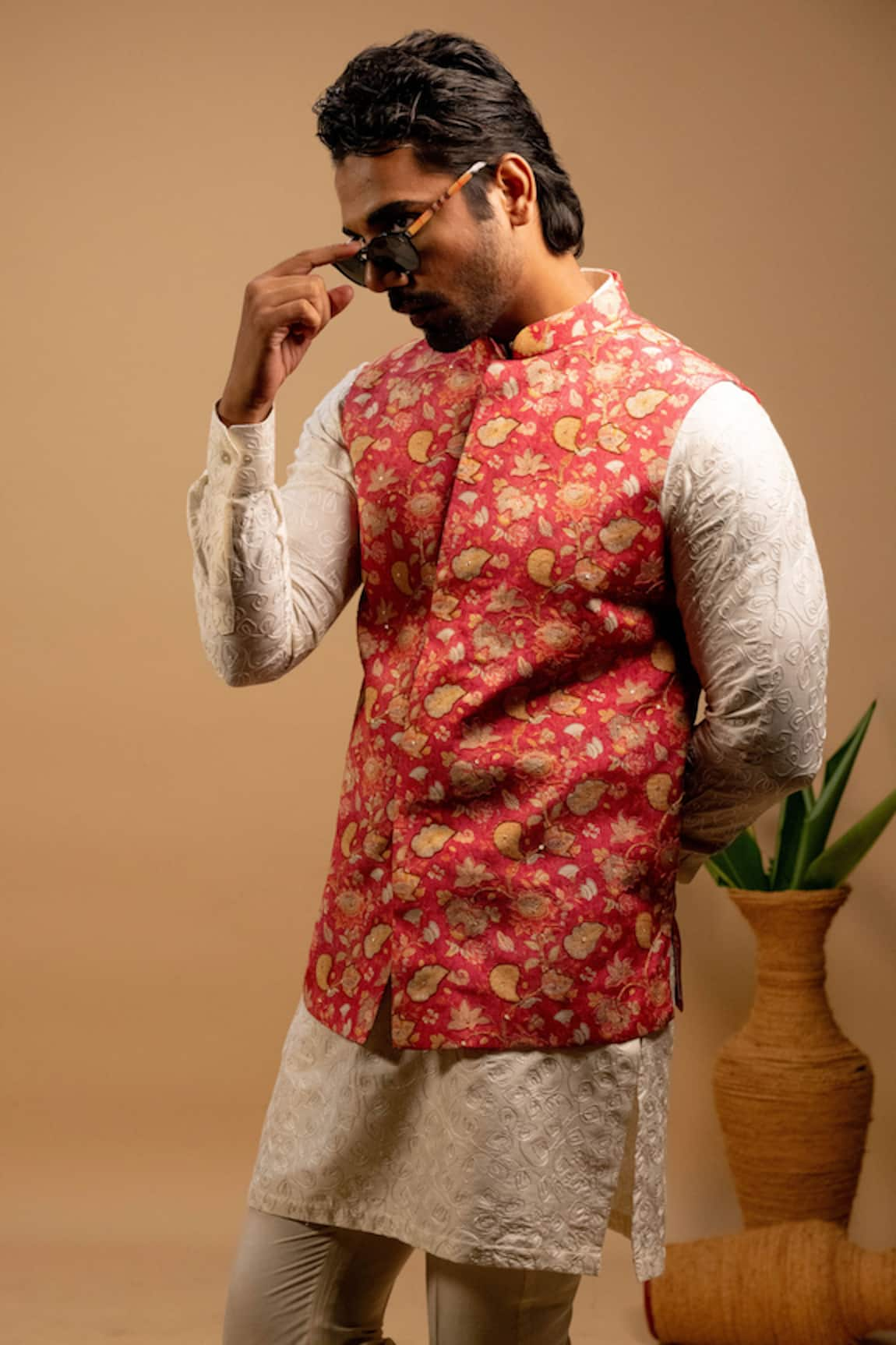 Agape Floral Print Bundi Kurta Set