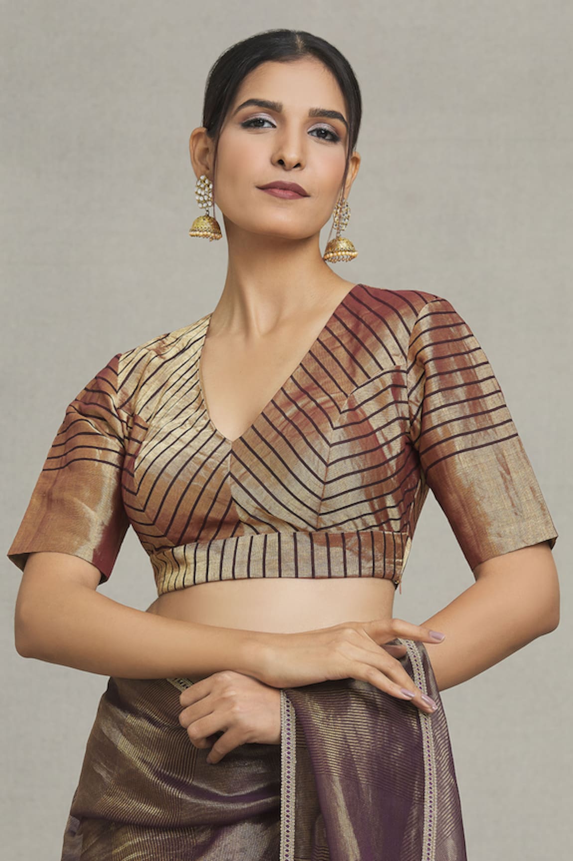 Pranay Baidya Metallic Stripe Pattern Saree Blouse