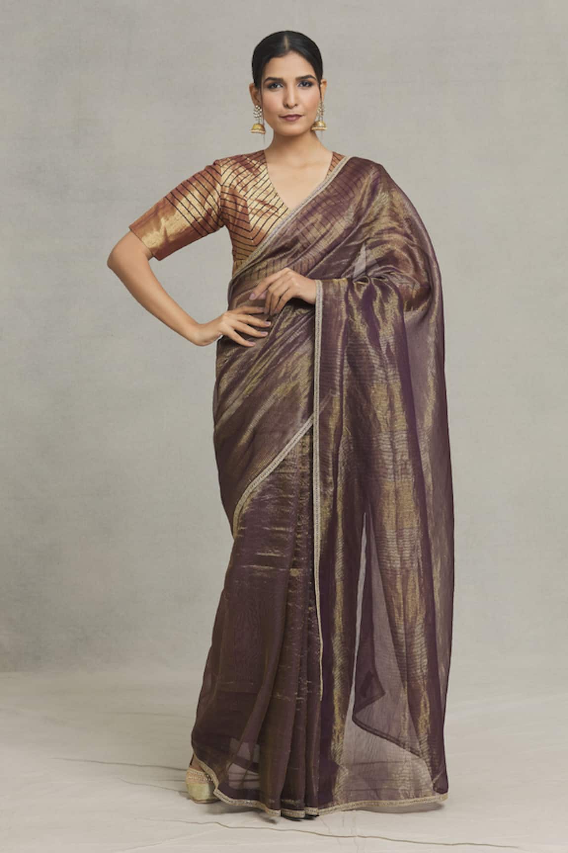 Pranay Baidya Thin Stripe Woven Tissue Saree