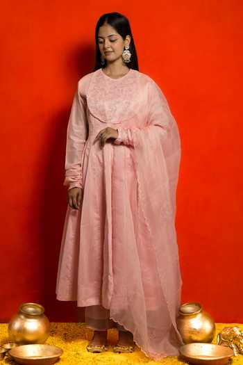 Mithi Supari Silk Chanderi Floral Embroidered Anarkali Set 