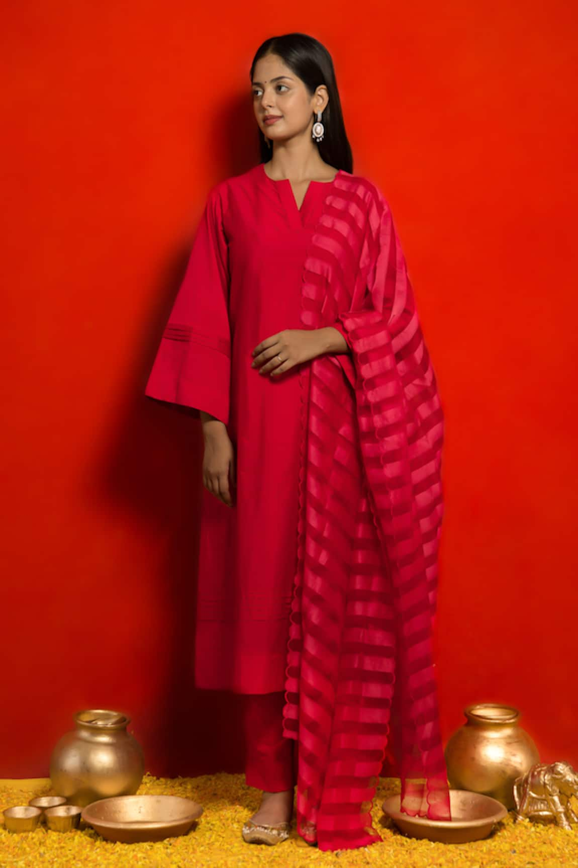 MITHI SUPARI Silk Kurta Set With Stripe Pattern Dupatta