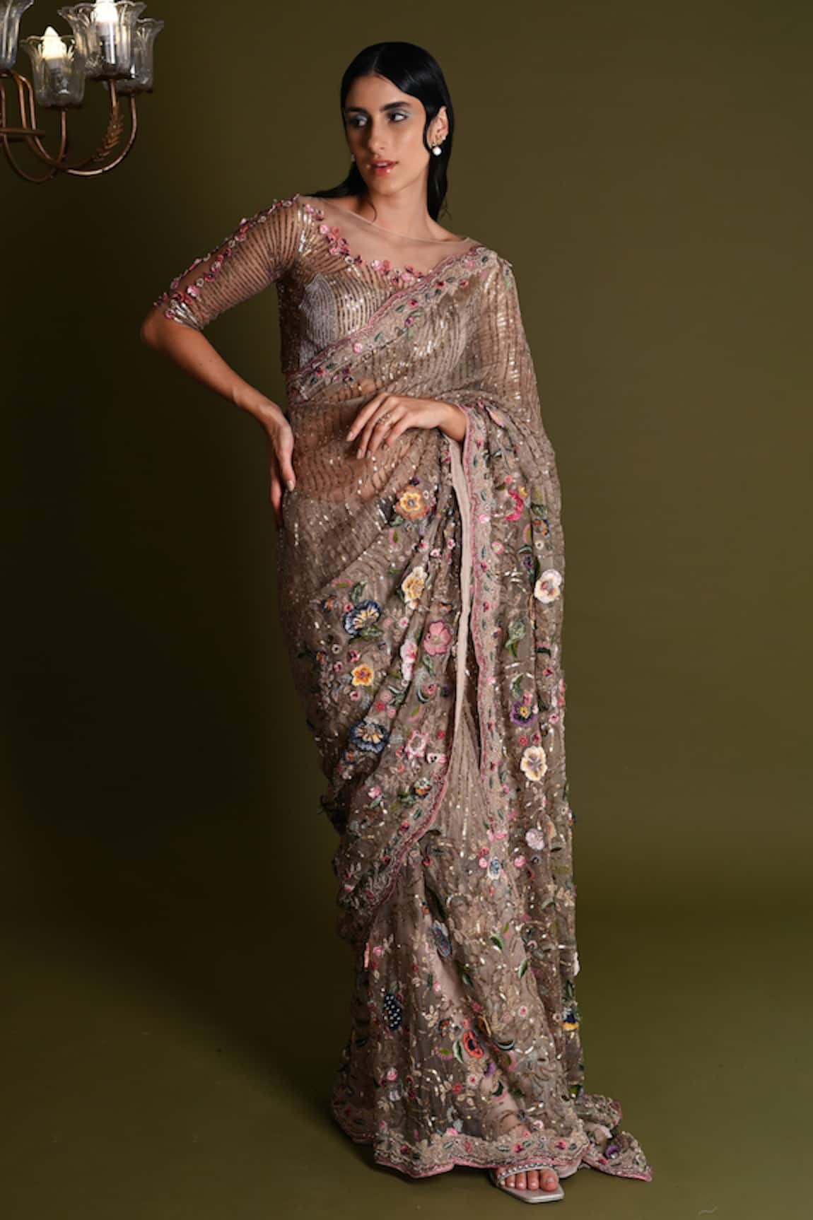 Geisha Designs Ariana Floral Garden Applique Embroidered Saree Set