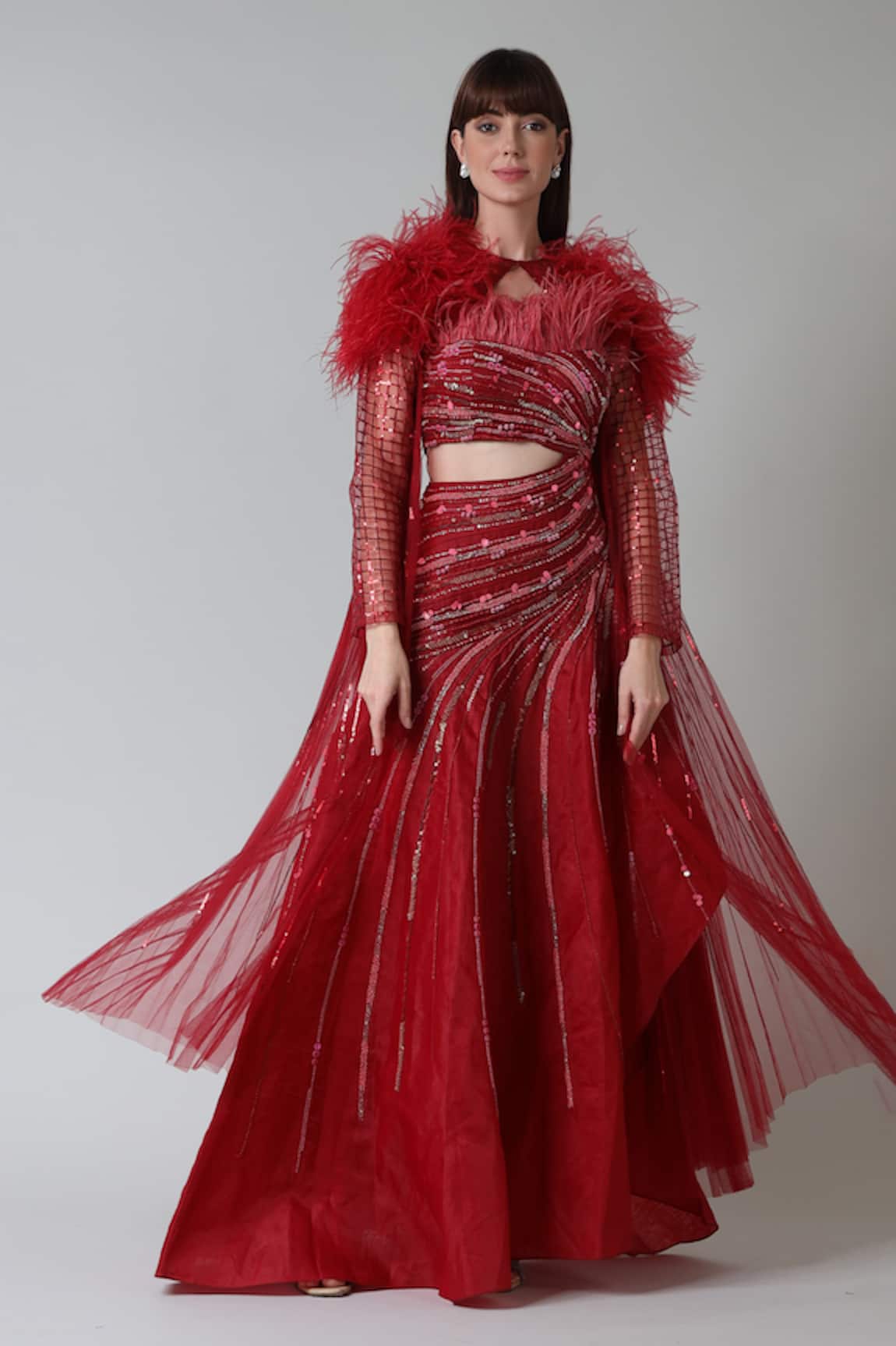 Geisha Designs Lisette Feather Fringed Gown With Cape