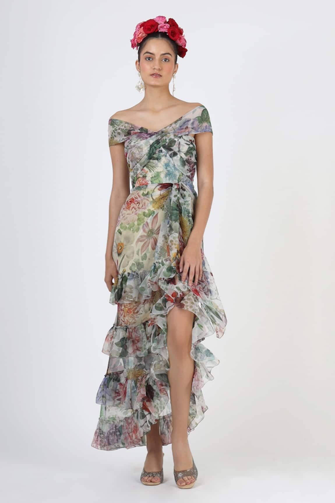 Geisha Designs Fleur Print Ruffled Gown
