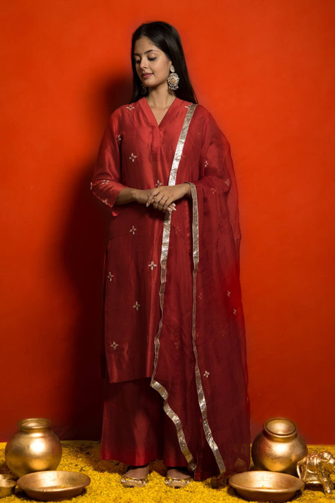 Mithi Supari Silk Chanderi Zardozi Embroidered Kurta Set 