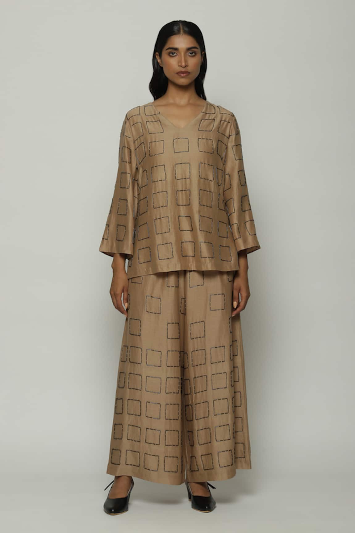 Abraham And Thakore Geometric Embroidered Chanderi Shirt 