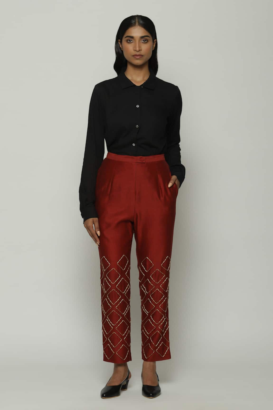 Abraham And Thakore Chanderi Embroidered Straight Pant 