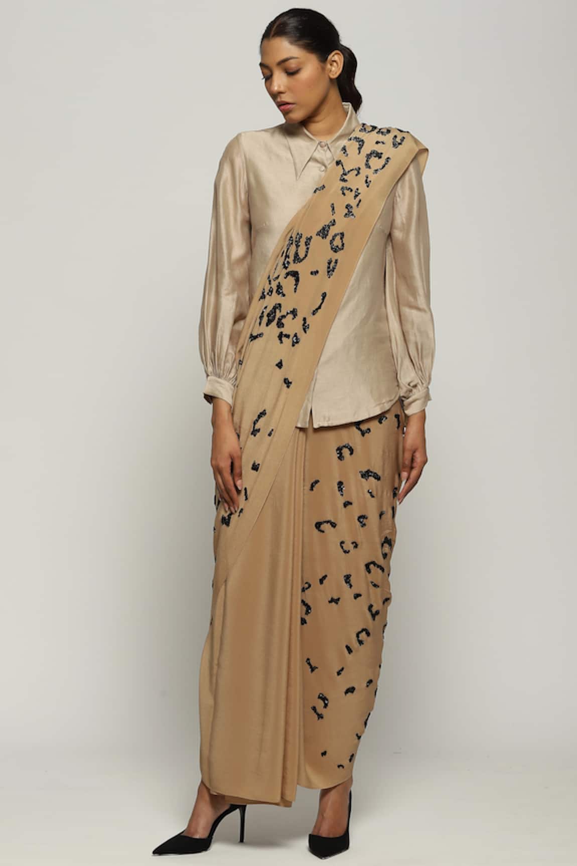 Abraham & Thakore Cheetah Sequin Embroidered Silk Saree