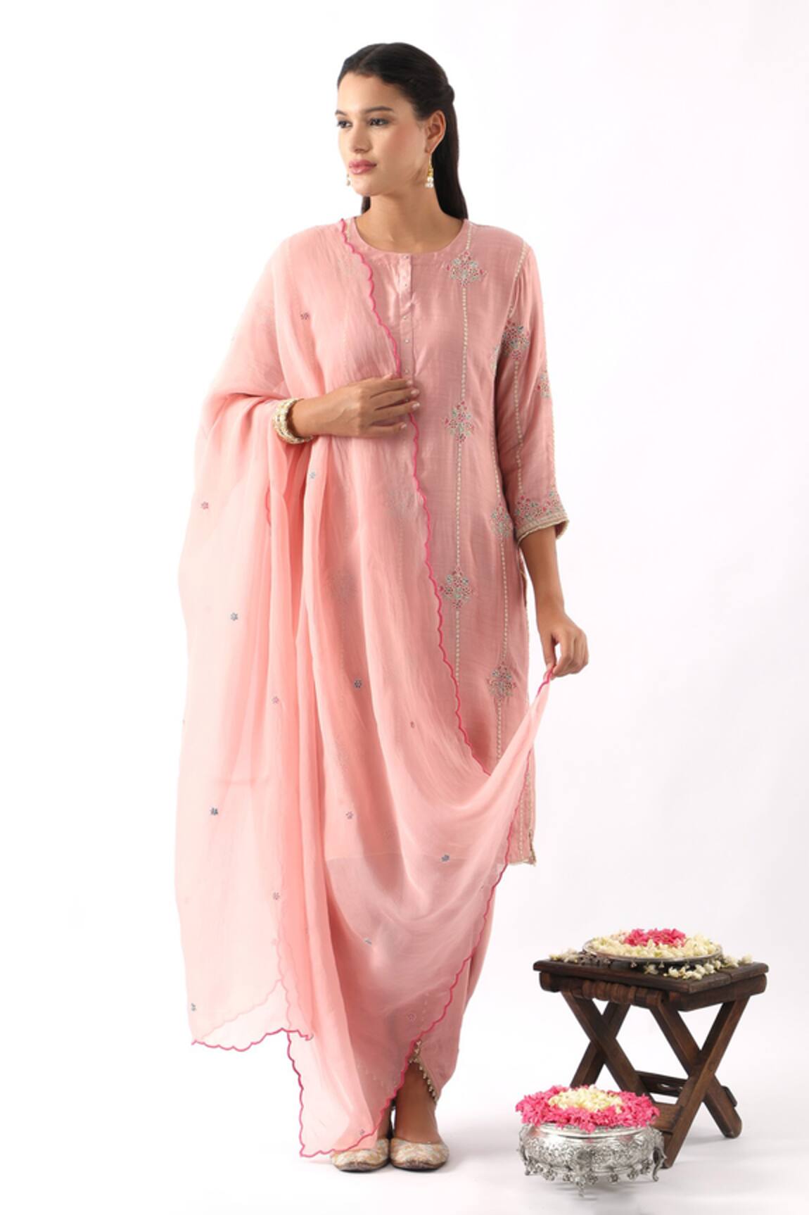Nemaani Flower Embroidered Kurta Dhoti Pant Set 