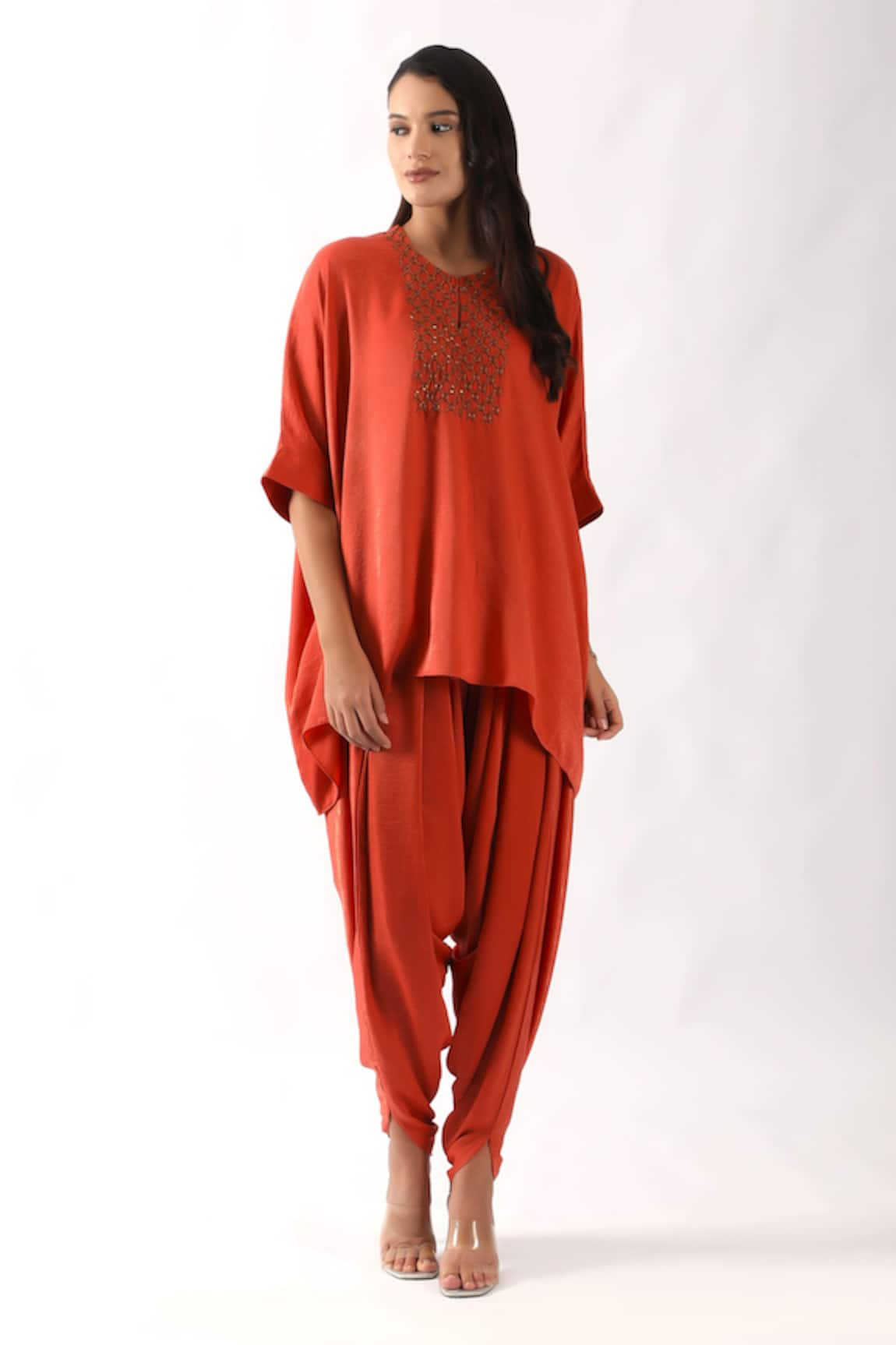 Nemaani Embroidered Yoke Asymmetric Kaftan With Dhoti Pant