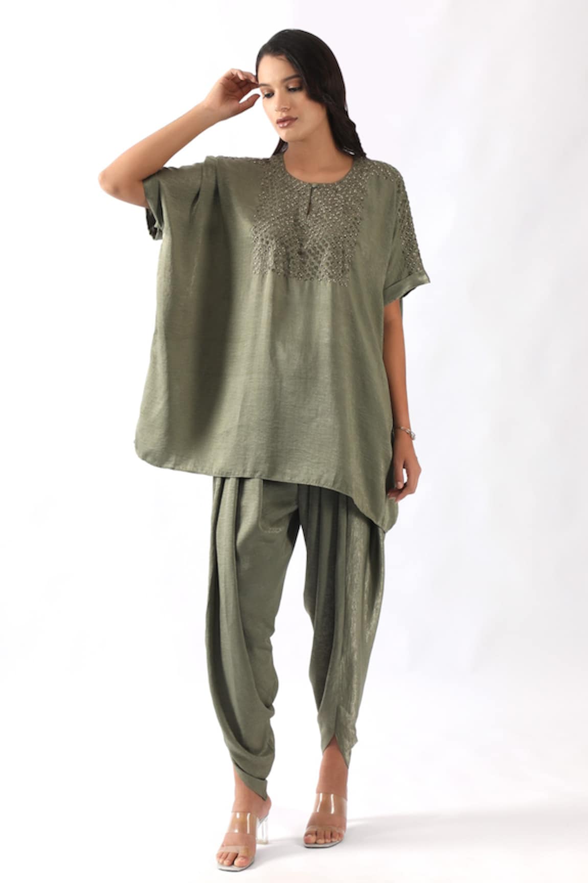 Nemaani Geometric Embroidered Yoke Kaftan With Dhoti Pant