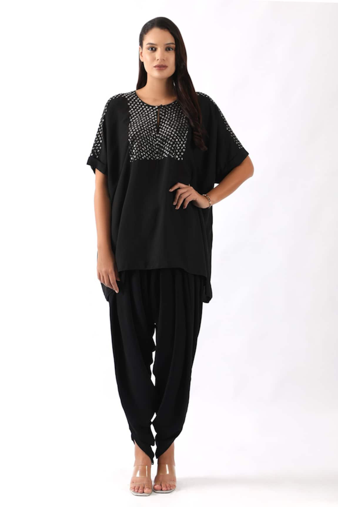 Nemaani Nalki & Moti Embroidered Yoke Kaftan With Dhoti Pant