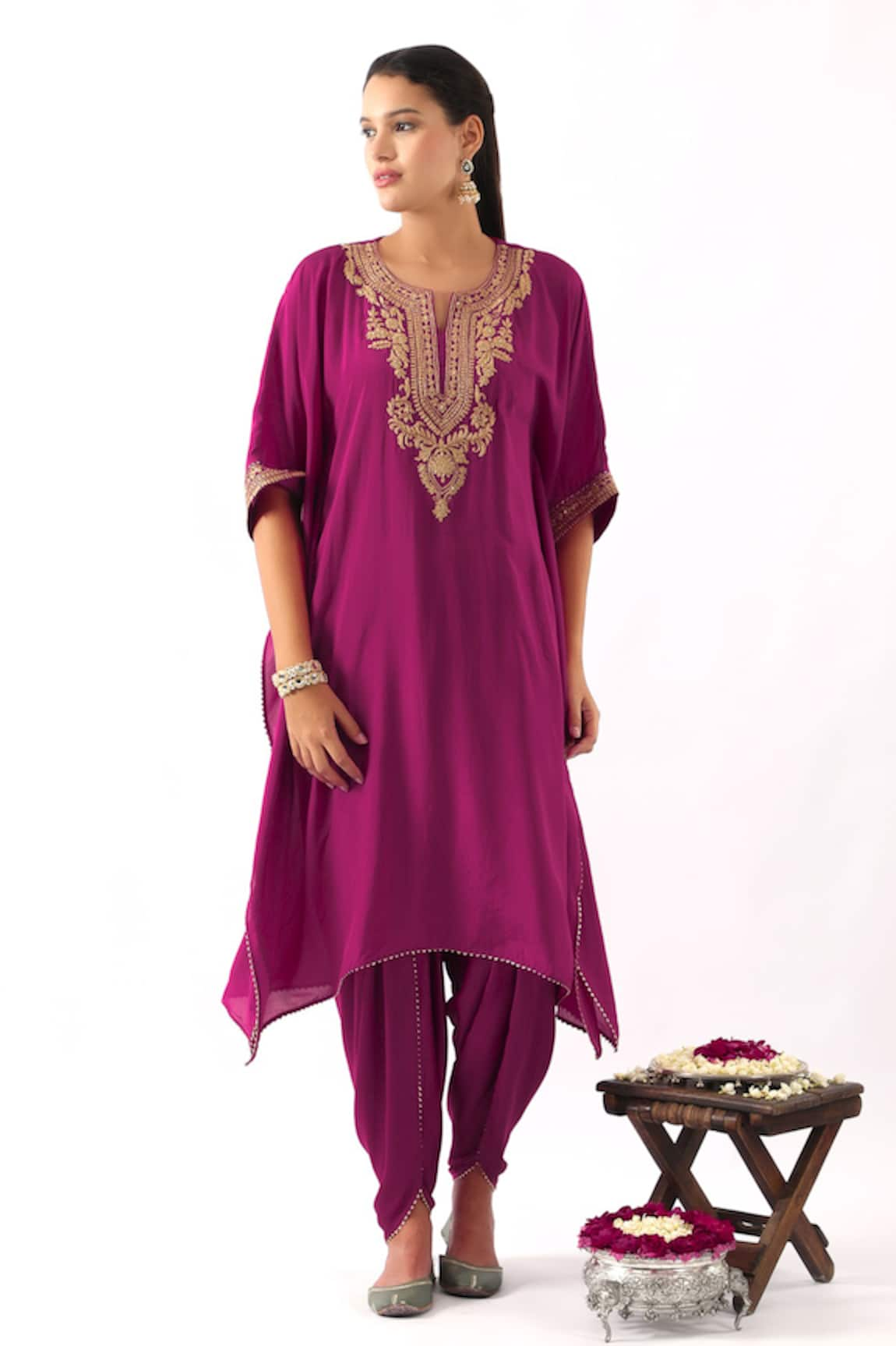 Nemaani Phool Dori Embroidered Yoke Kaftan With Dhoti Pant