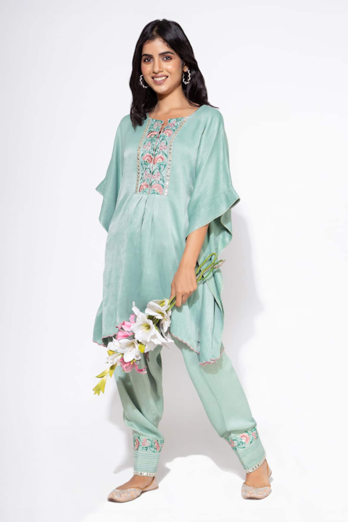 Nemaani Botanic Bloom Yoke Embroidered Kaftan With Salwar