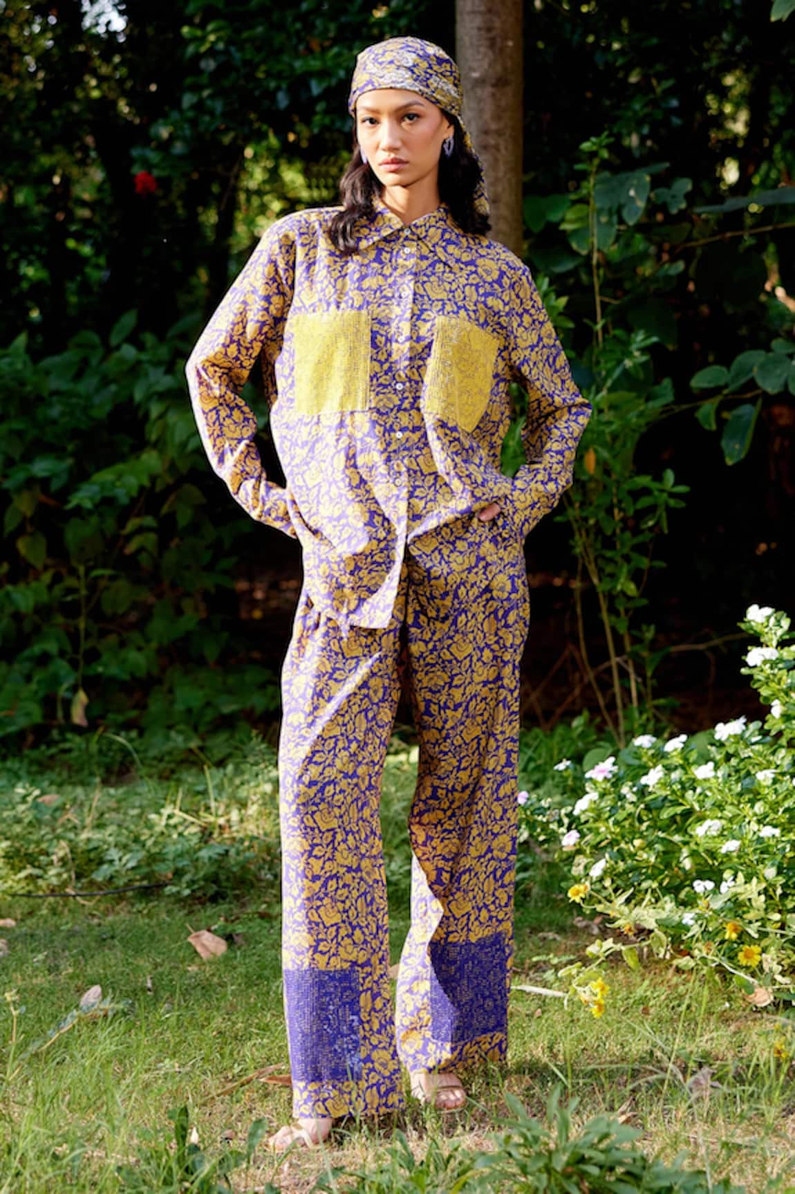 Calling June Nadia Printed Sequin Embroidered Shirt & Trouser Set