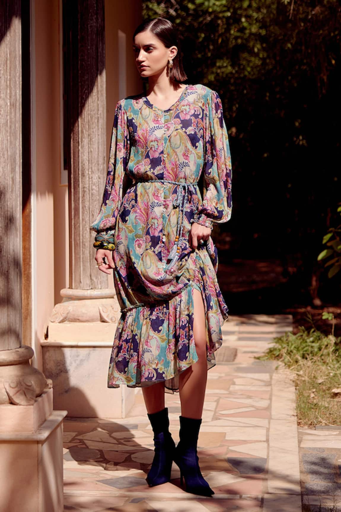 Calling June Mehr Floral Bloom Print Midi Dress With Belt