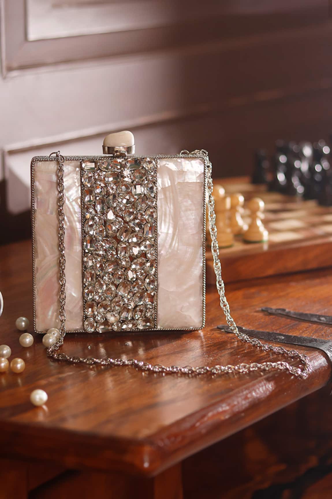 The Tan Clan Liyana Mother Of Pearls Embellished Clutch 
