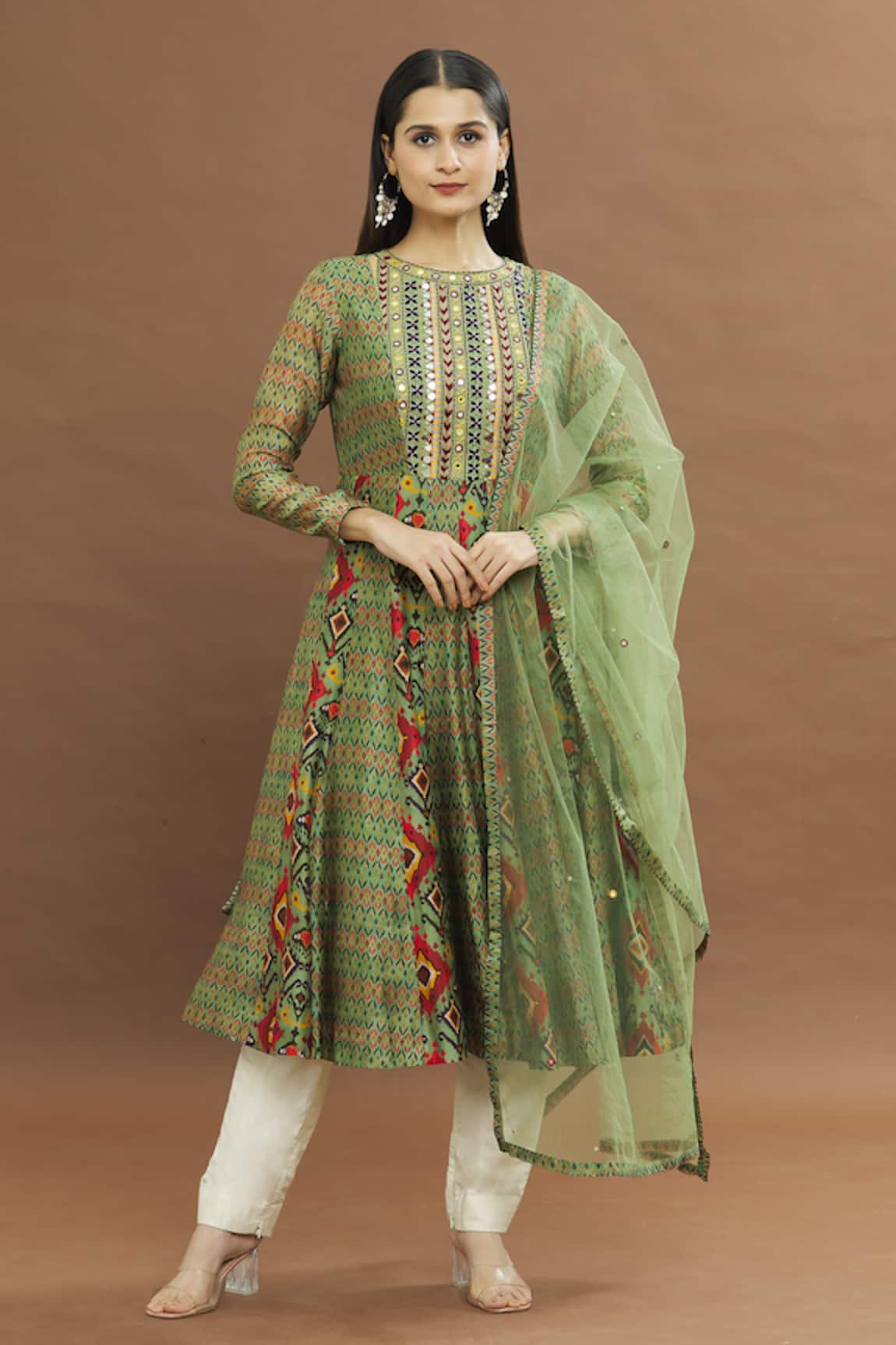 Drishti & Zahabia Geometric Print Anarkali With Dupatta