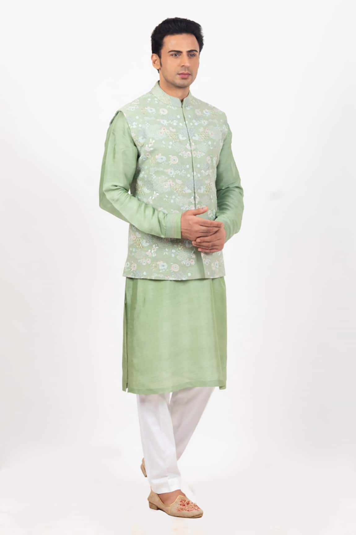 Sankalan - Men Hand Embroidered Bundi Jacket With Kurta Set