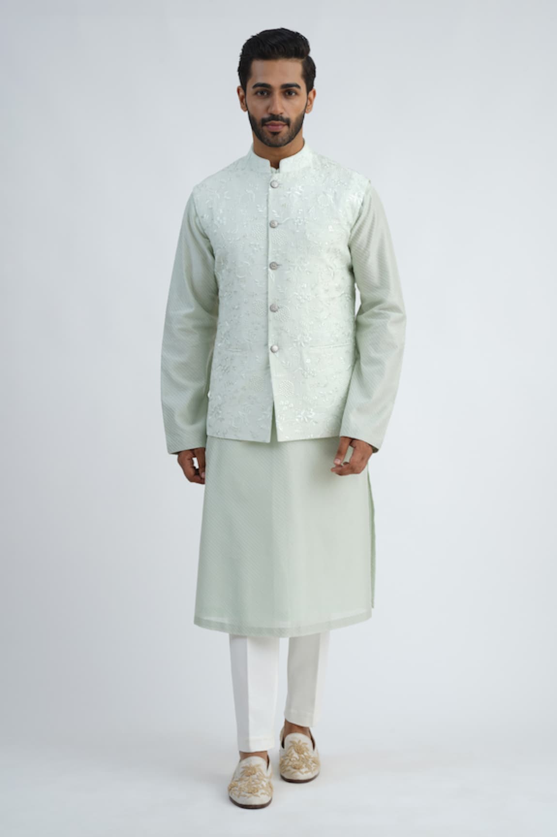 Sankalan - Men Floral Hand Embroidered Bundi Jacket & Kurta Set