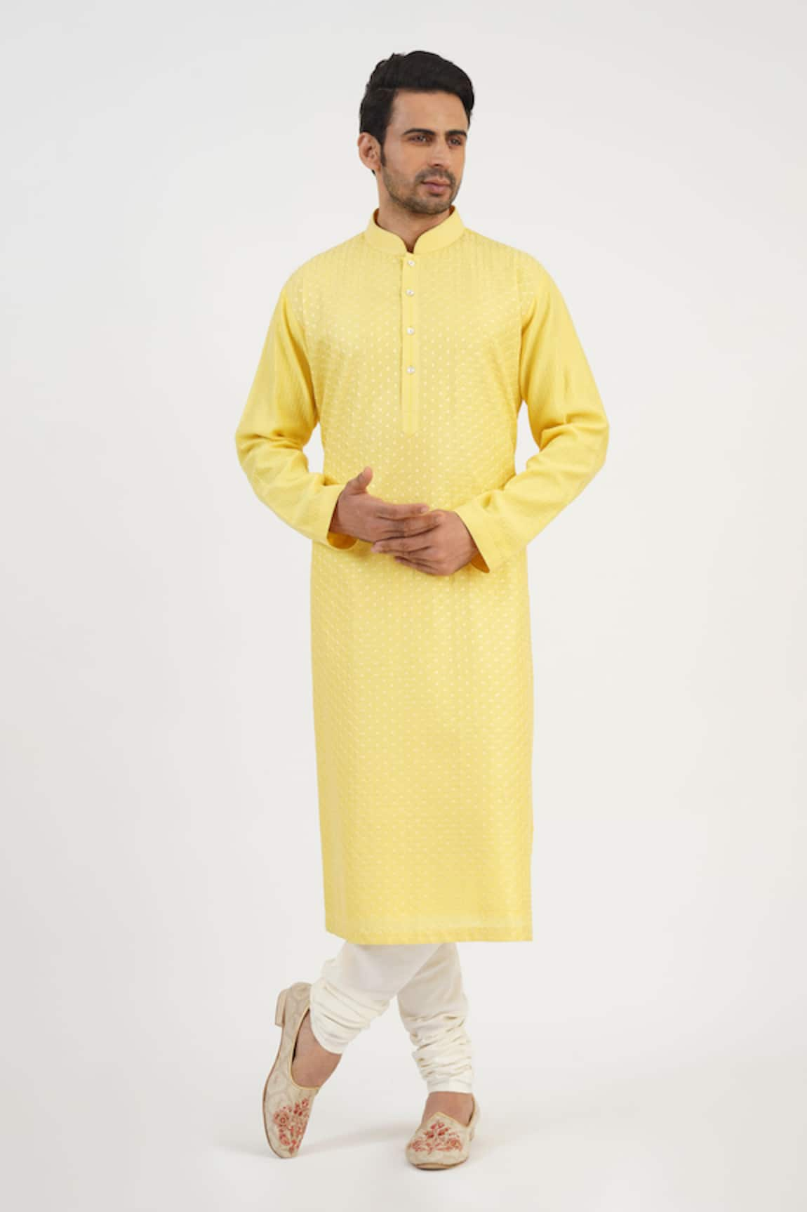 Sankalan - Men Hand Embroidered Chanderi Kurta & Churidar Set