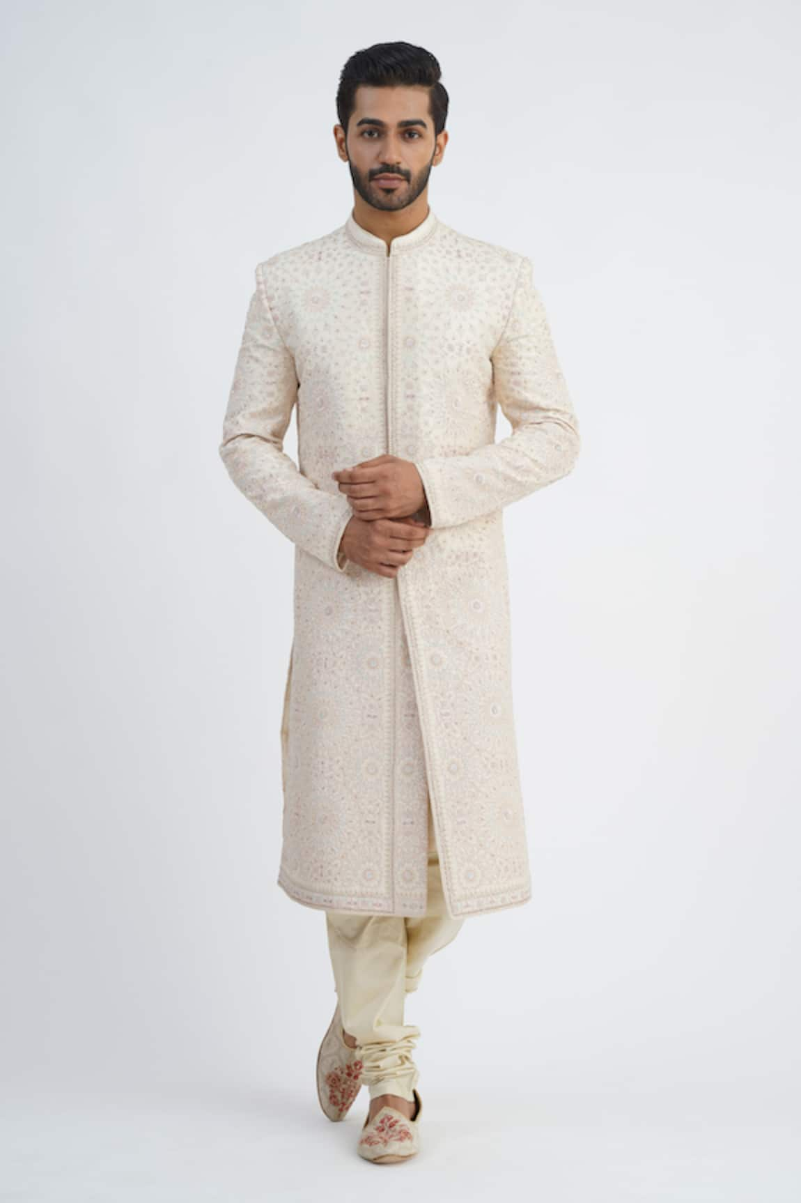 Sankalan - Men French Knots Embroidered Sherwani Churidar Set