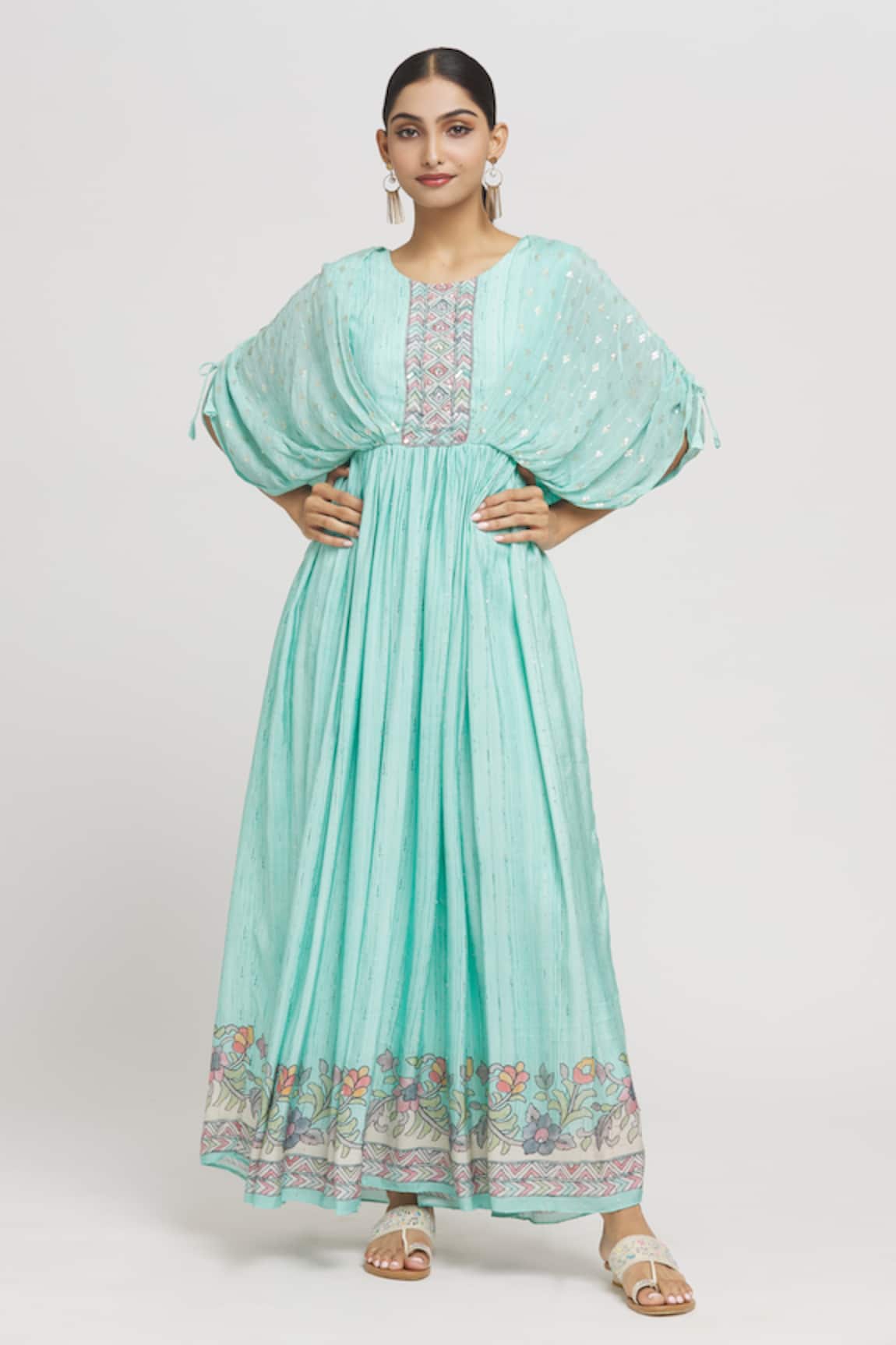 Adara Khan Sequin Embroidered Yoke Cape Sleeves Gown