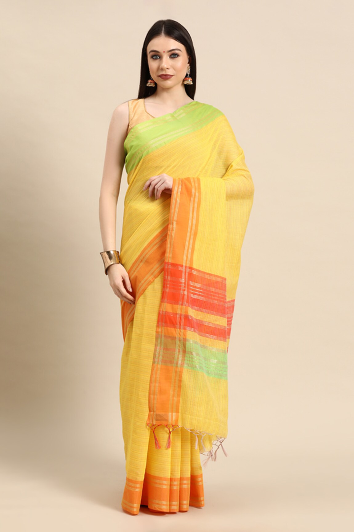 SAYISHA Pin Striped Linen Blend Saree With Running Blouse