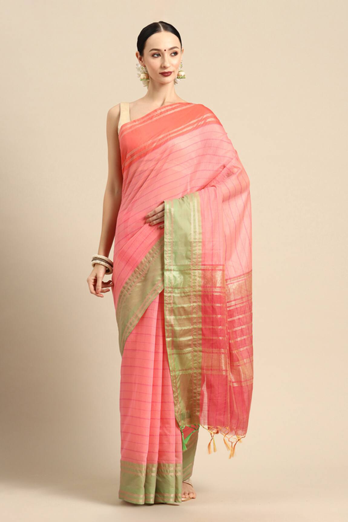 SAYISHA Pencil Striped Linen Blend Saree With Running Blouse