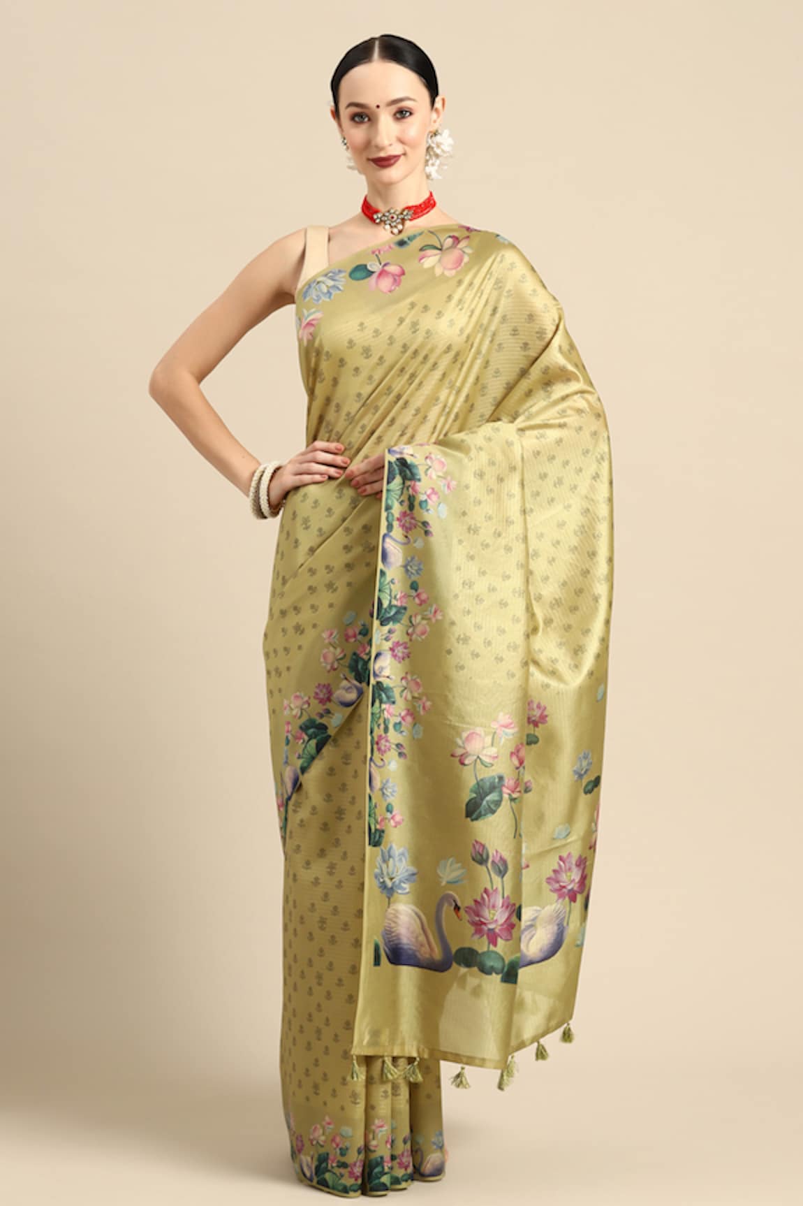 SAYISHA Swan & Lotus Pattern Saree With Running Blouse