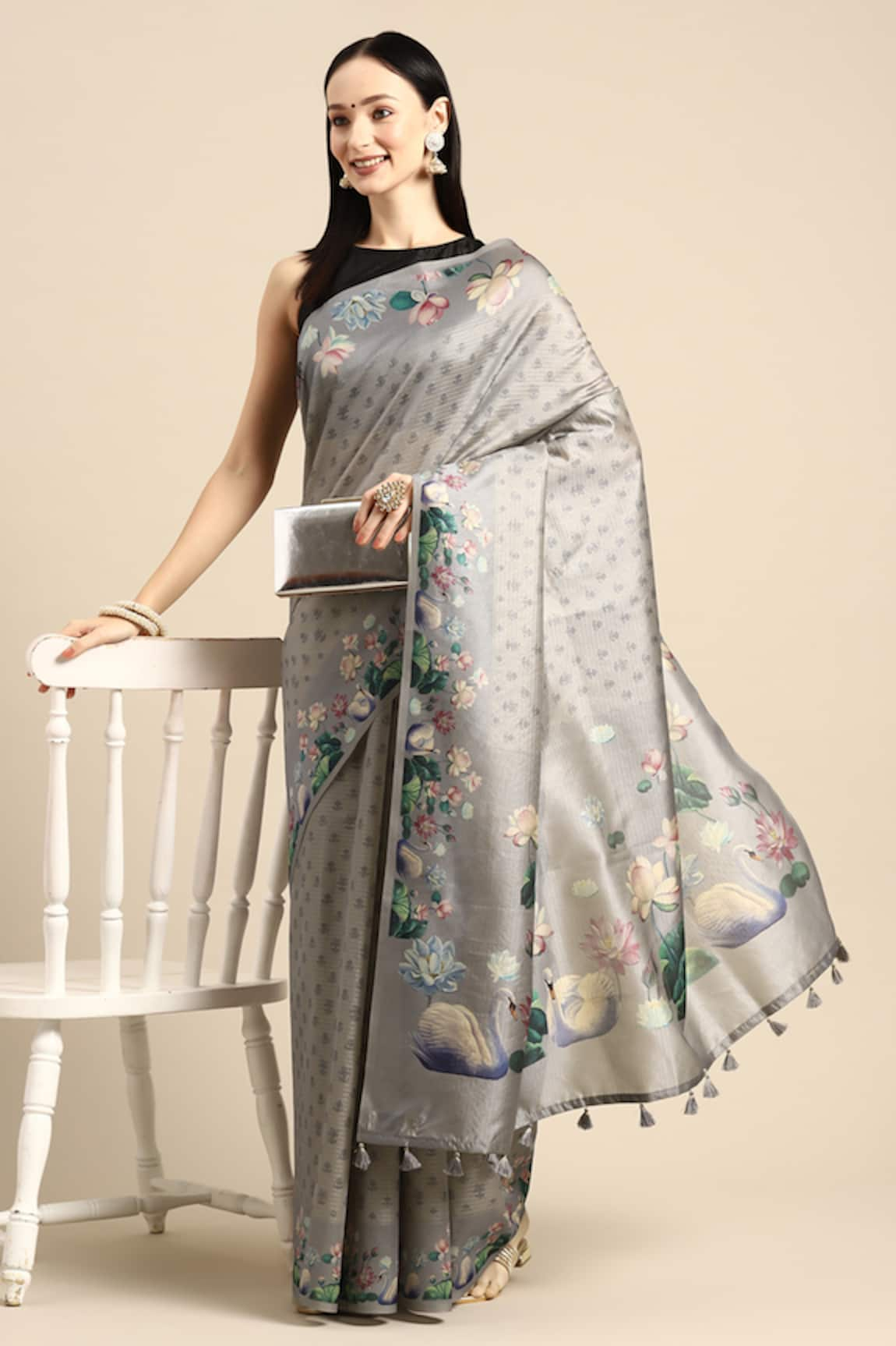 SAYISHA Silk Floral & Bird Motif Saree With Running Blouse