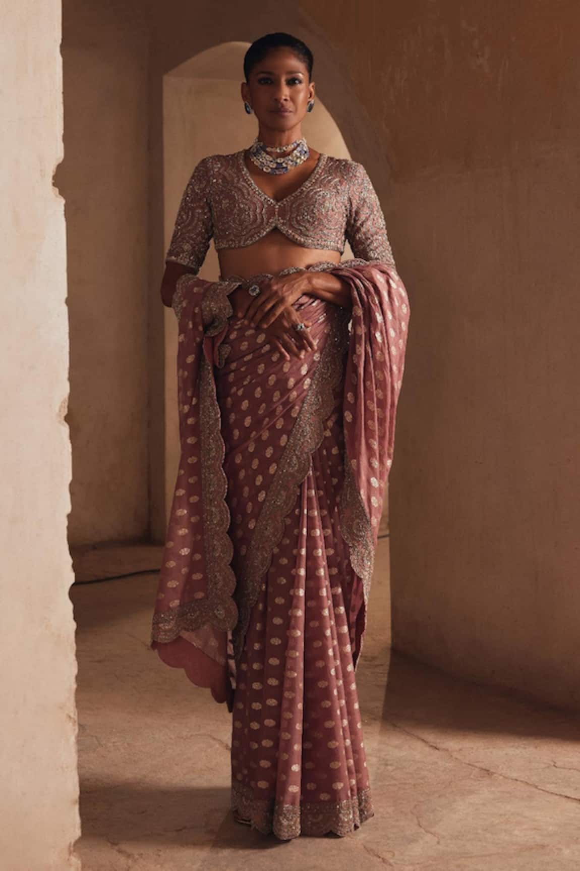 JAYANTI REDDY Banaras Silk Butti Pattern Saree With Embroidered Blouse
