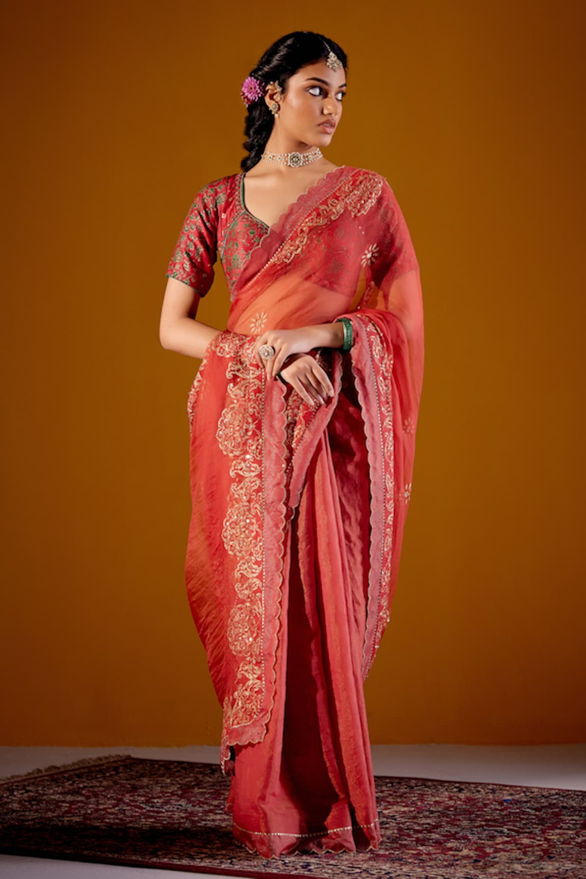 Vashisht Guru Dutt Block Print Scalloped Border Saree With Blouse