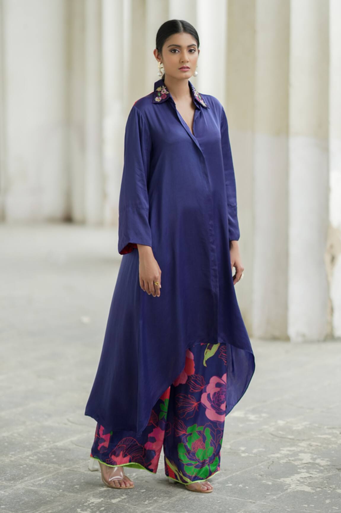 Almaari by Pooja Patel Asymmetric Kurta With Floral Print Culotte Pant