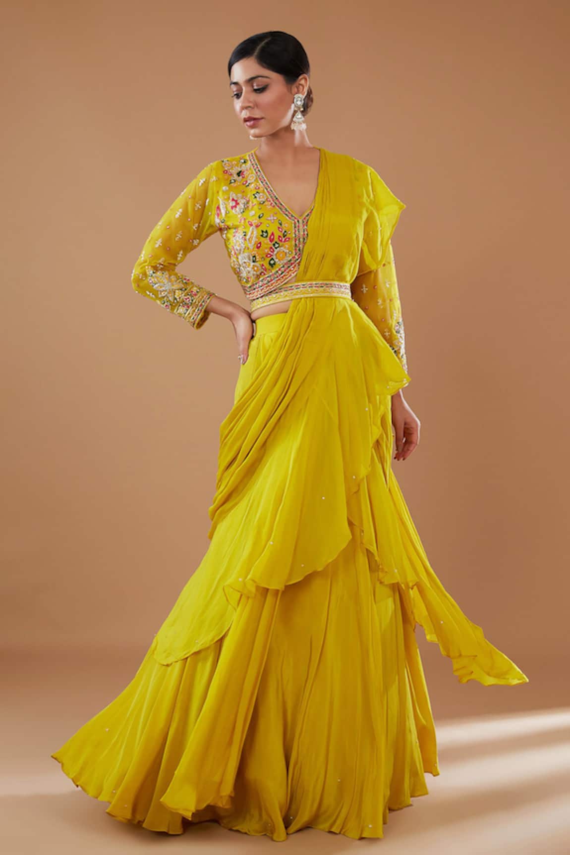 Yellow Chinon Silk Readymade Lehenga Saree with Sequin Work on...