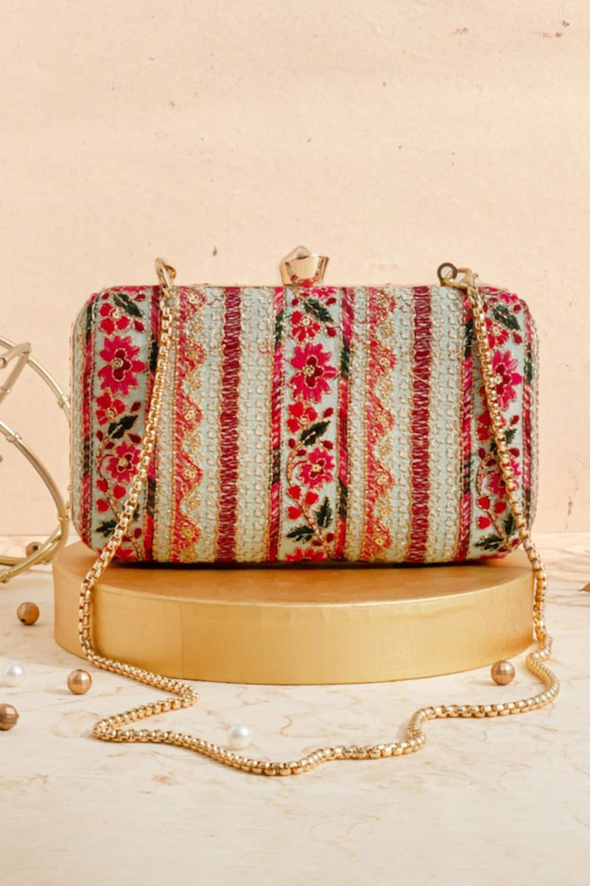 AMYRA Zuri Floral Zari Embroidered Box Clutch