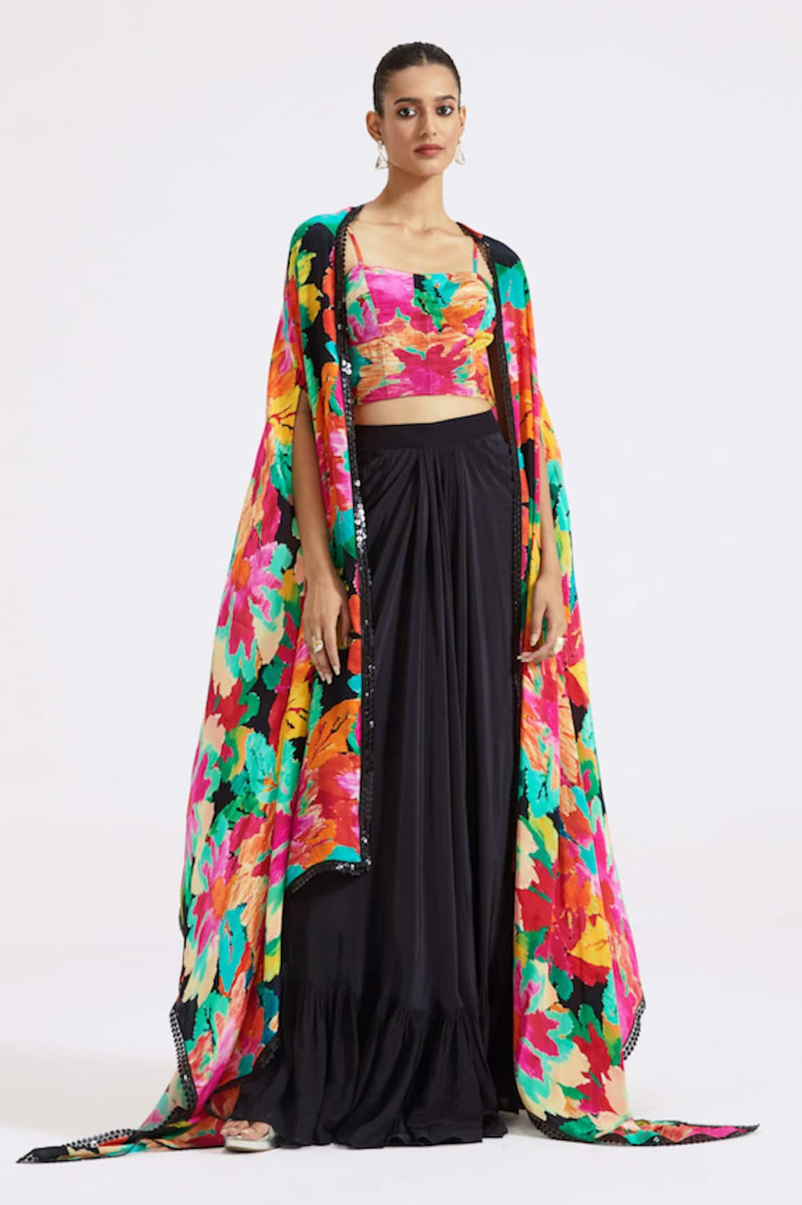 Basanti - Kapde Aur Koffee Abstract Floral Print Cape Skirt Set