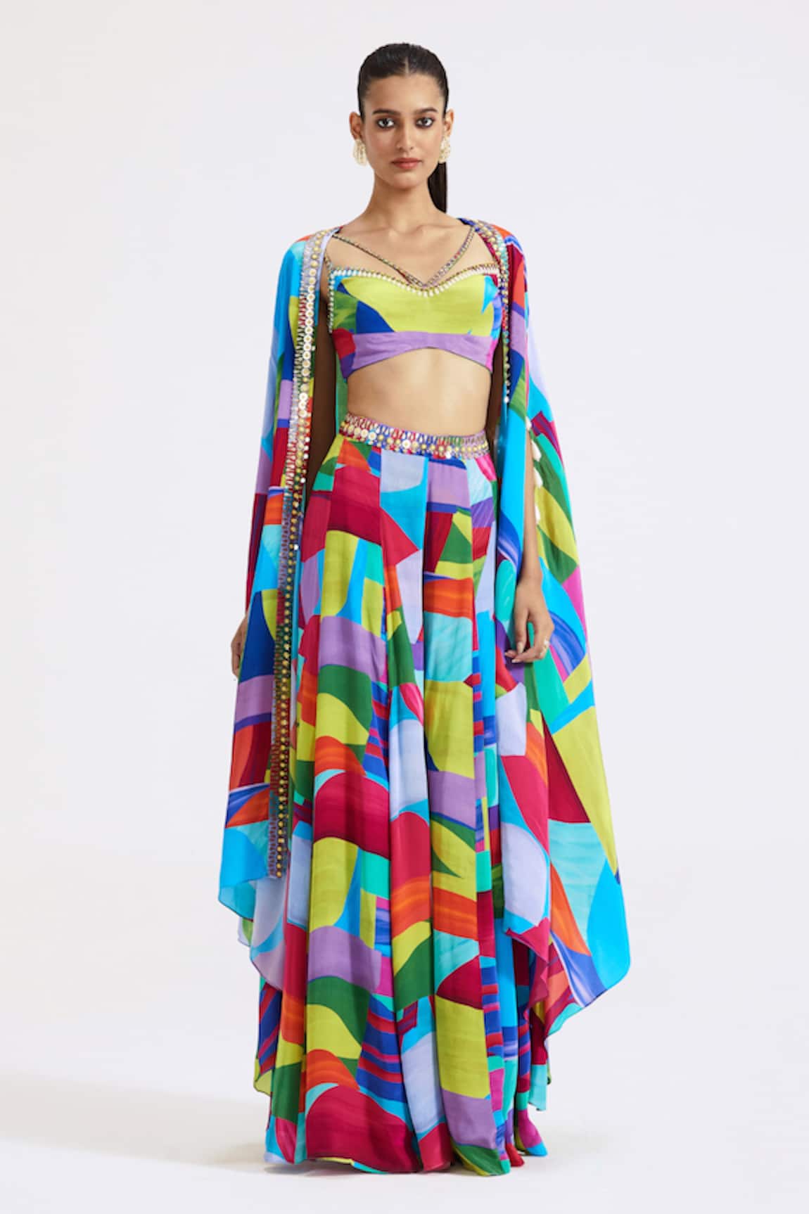 Basanti - Kapde Aur Koffee Abstract Print Cape Pleated Skirt Set