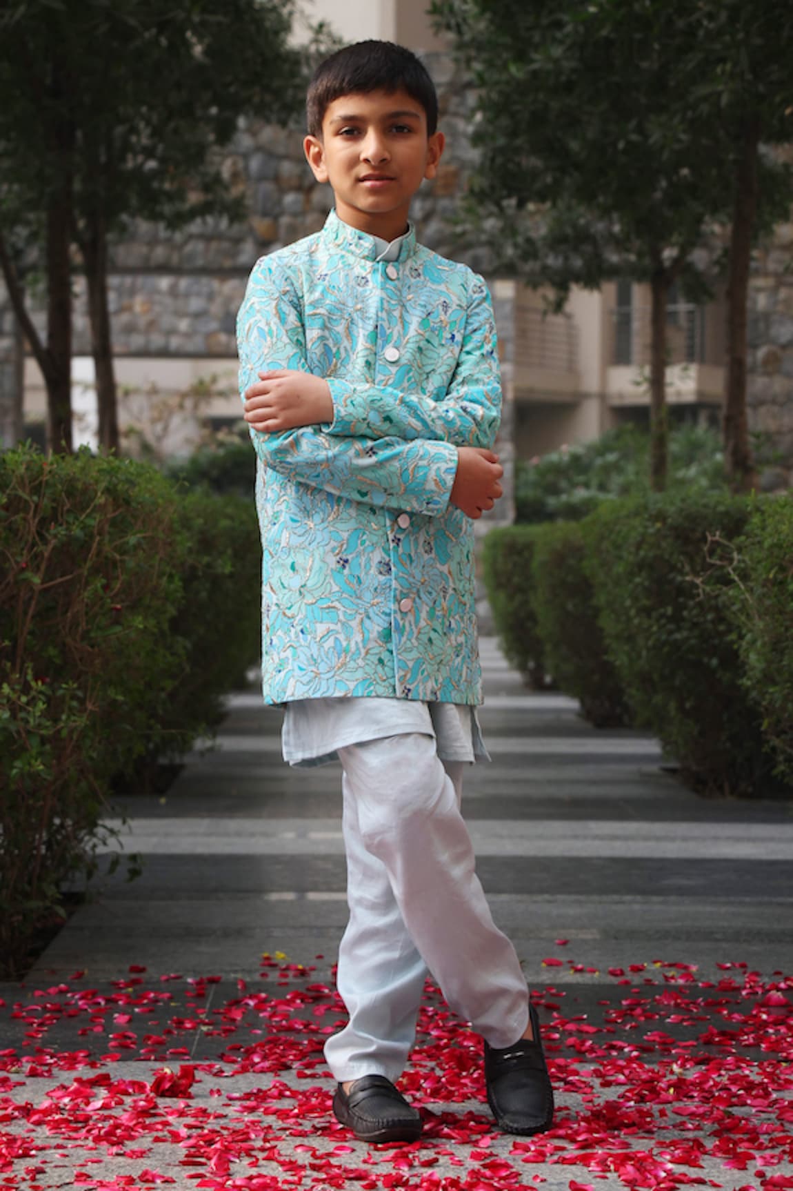 Taber Tikri Floral Print Jodhpuri Jacket Kurta Set