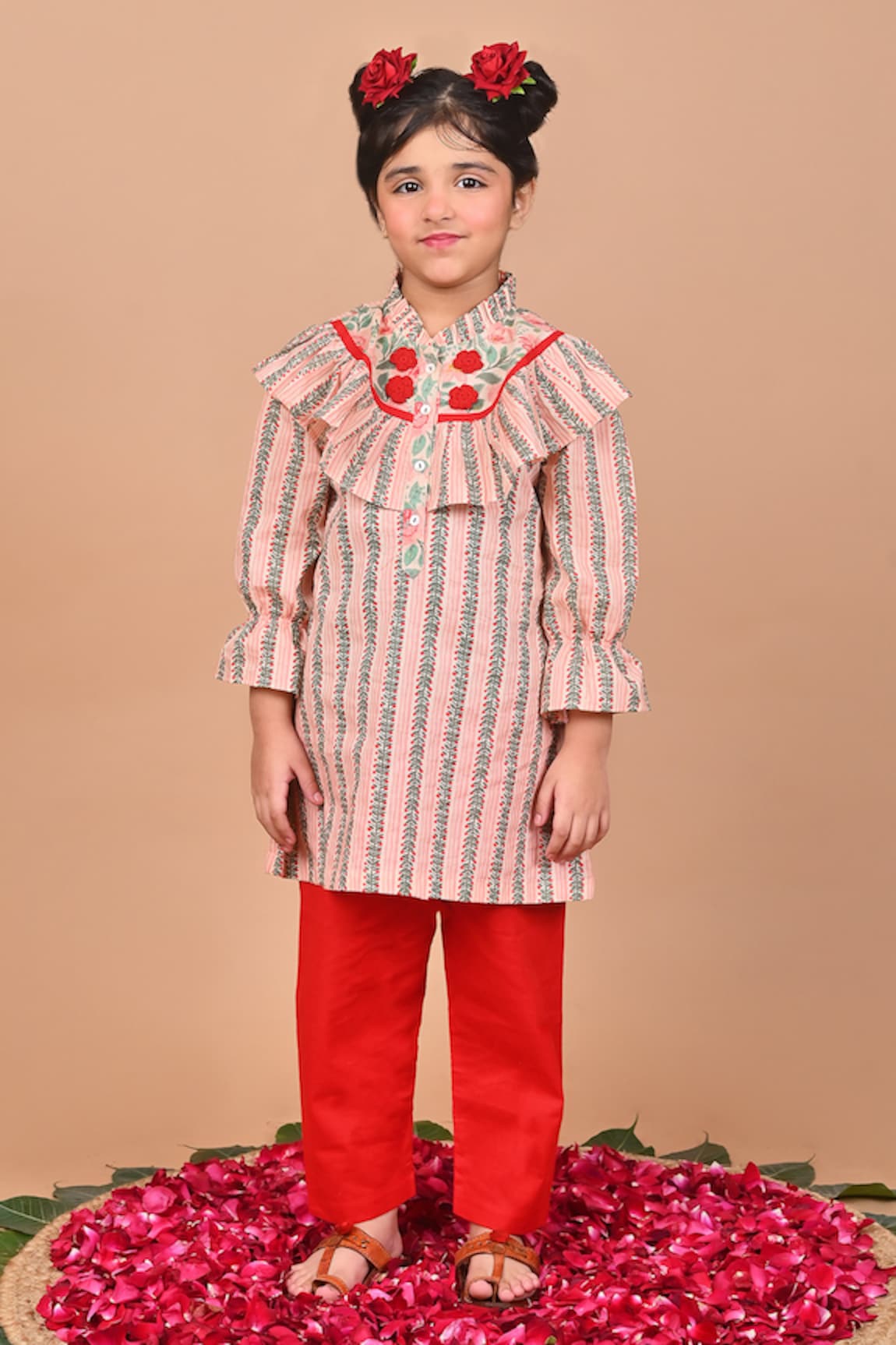 THE COTTON STAPLE Nutmeg Leaf Stripe Print Kurta & Pant Set