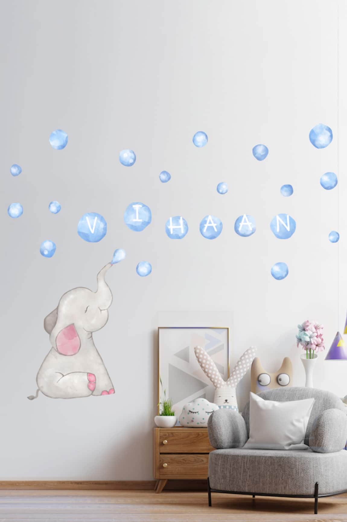 My Kids Wall Elephant Blowing Bubbles Personalised Wall Sticker 23 Pcs Set