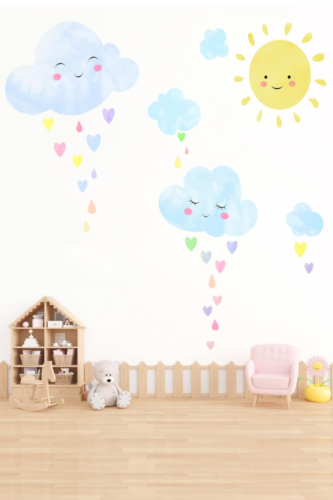 My Kids Wall Watercolor Clouds With Heart Rain Wall Stickers 43 Pcs Set