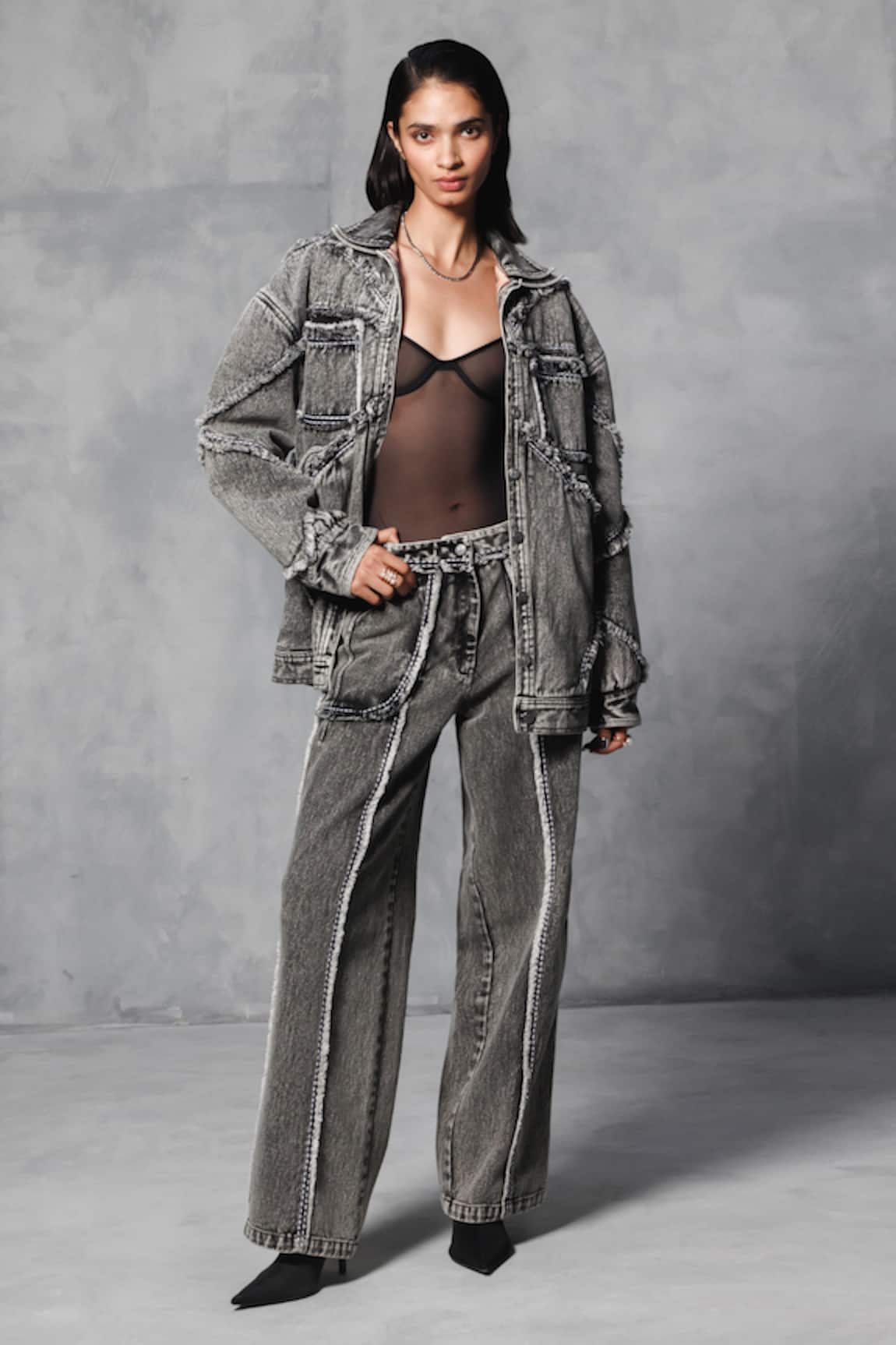 Mellowdrama Oversized Washed Cotton Denim Jacket With Pant